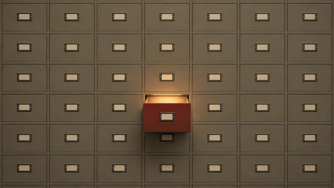 A wall of identical unlabelled filing drawers with one pulled open and lit.