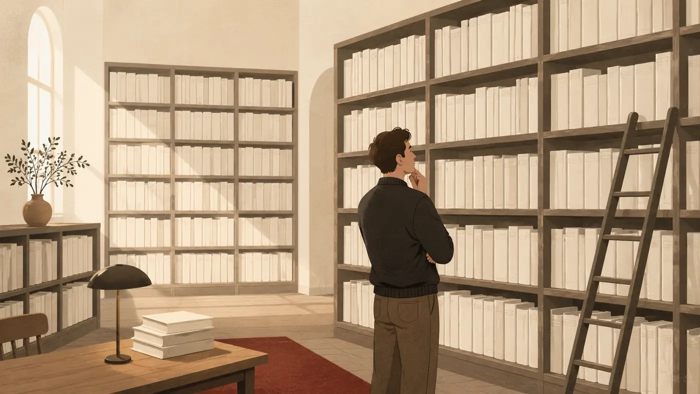A reading room lined floor to ceiling with books, every spine blank, one person standing in front of them looking for something.