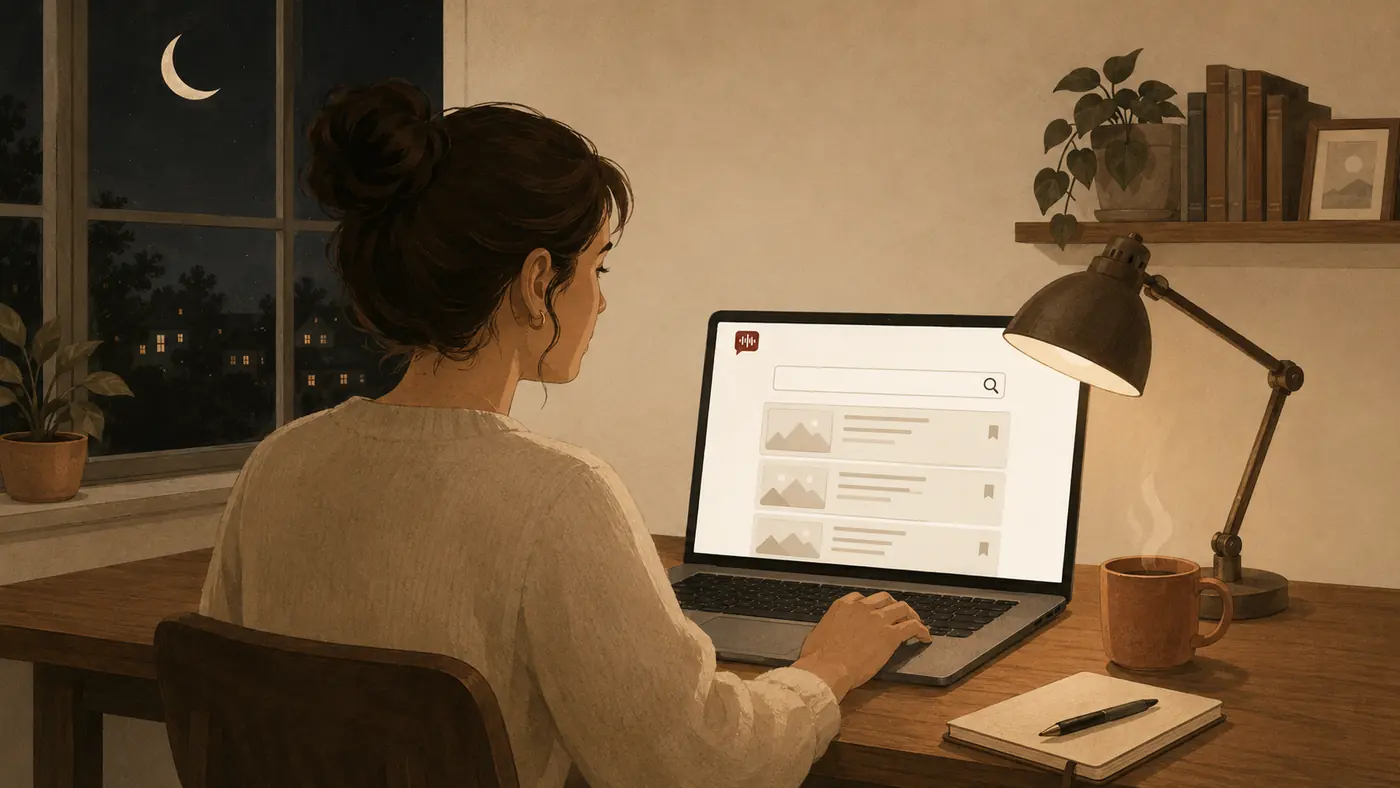 Somebody awake late at night, searching a church's sermon archive on a laptop by lamplight.