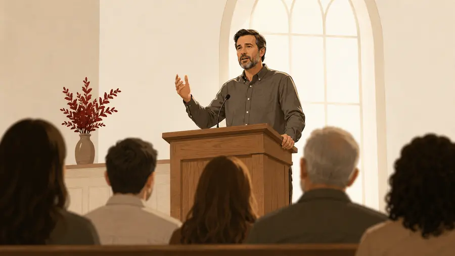 A pastor mid-sentence at a pulpit, seen from the congregation.