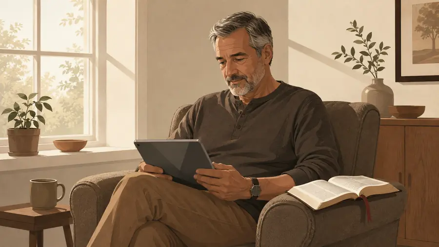 A man reading on a tablet in an armchair, a Bible open beside him.