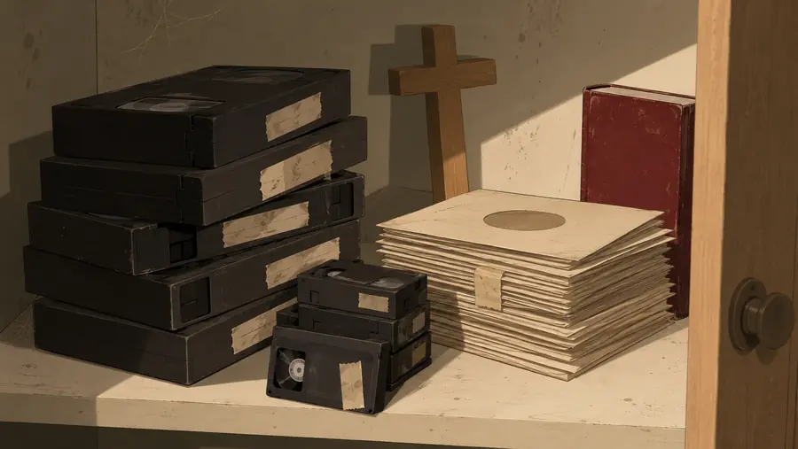 A stack of old VHS tapes and unlabelled sleeves on a church cupboard shelf.